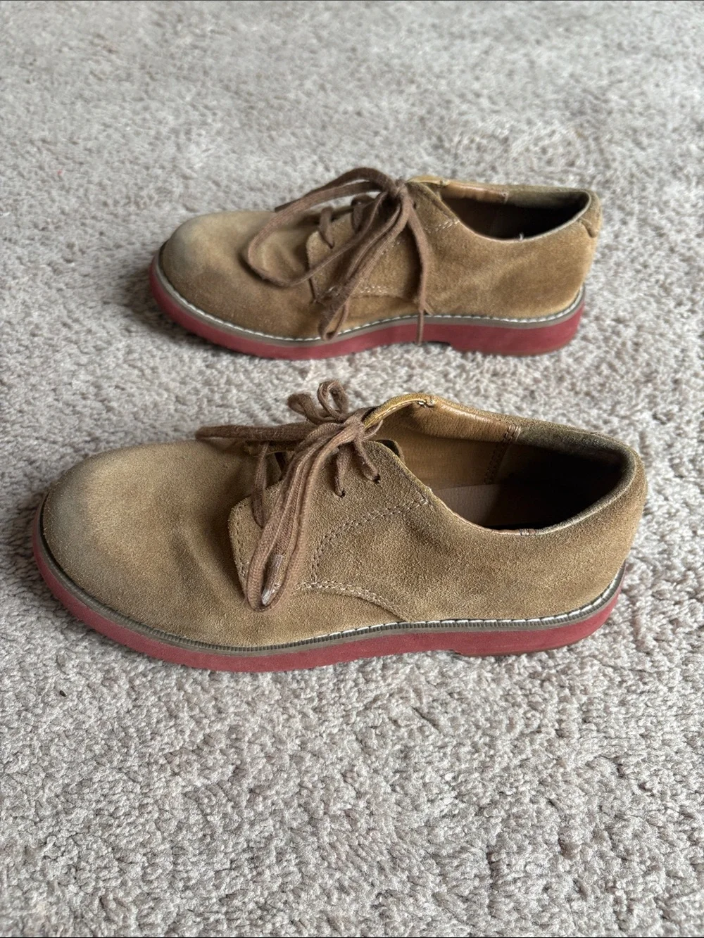 Sperry Men’s Tan Suede Boat Shoes with Red-Brown Sole